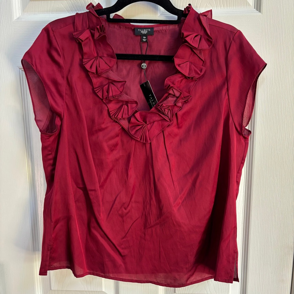 Talbots NWT Womens Silk Cotton Ruffle V-Neck Blouse Berry Red Cap Sleeve 16P